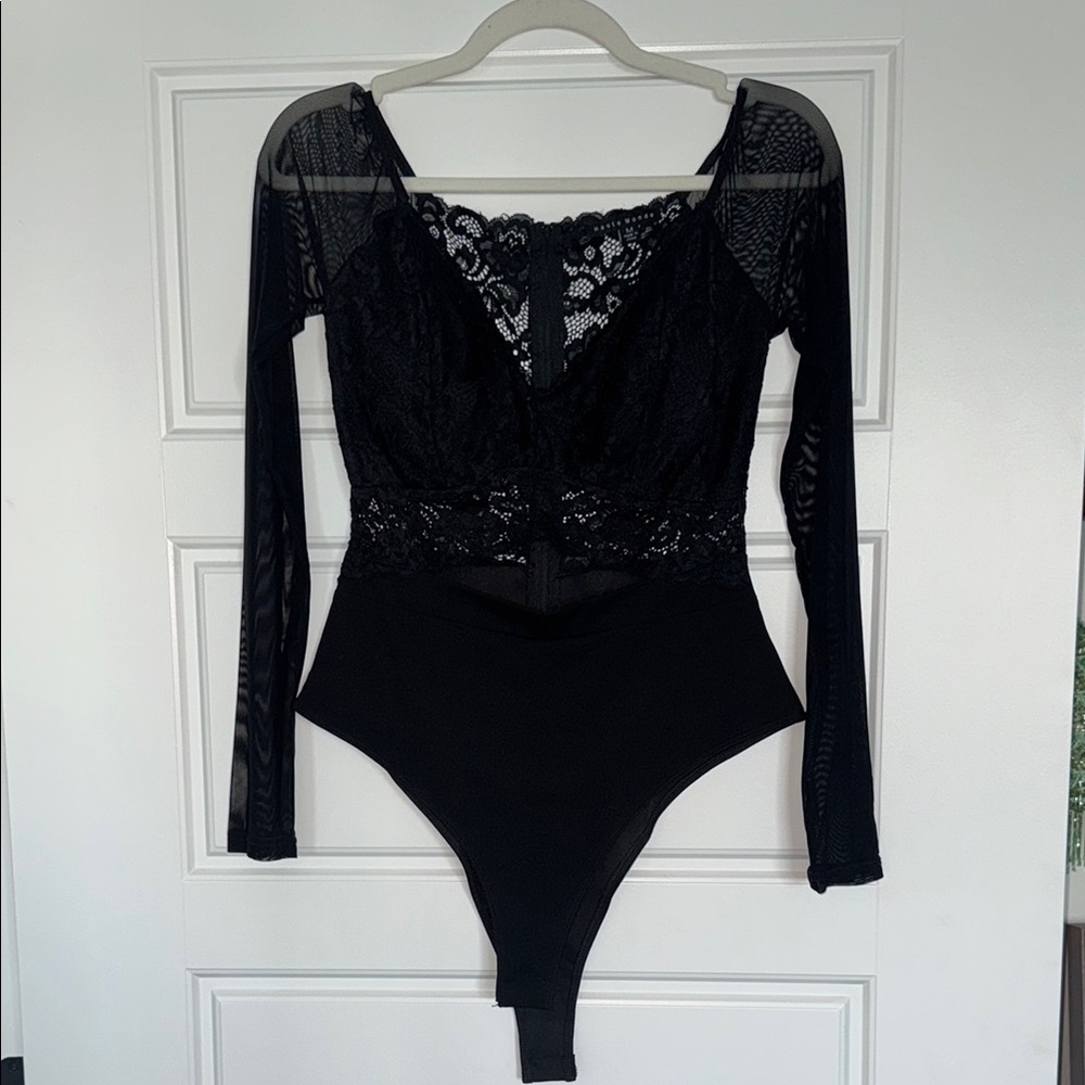 Haute Monde Black Asymmetrical Lace Bodysuit
